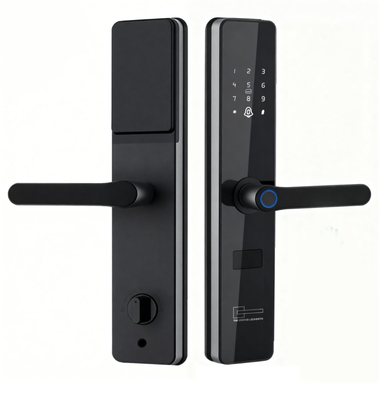 Black digital door lock with electronic keypad on a white background