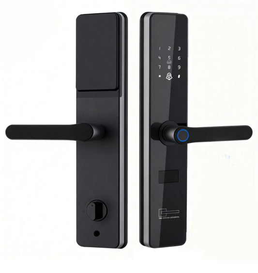 Black digital door lock with electronic keypad on a white background