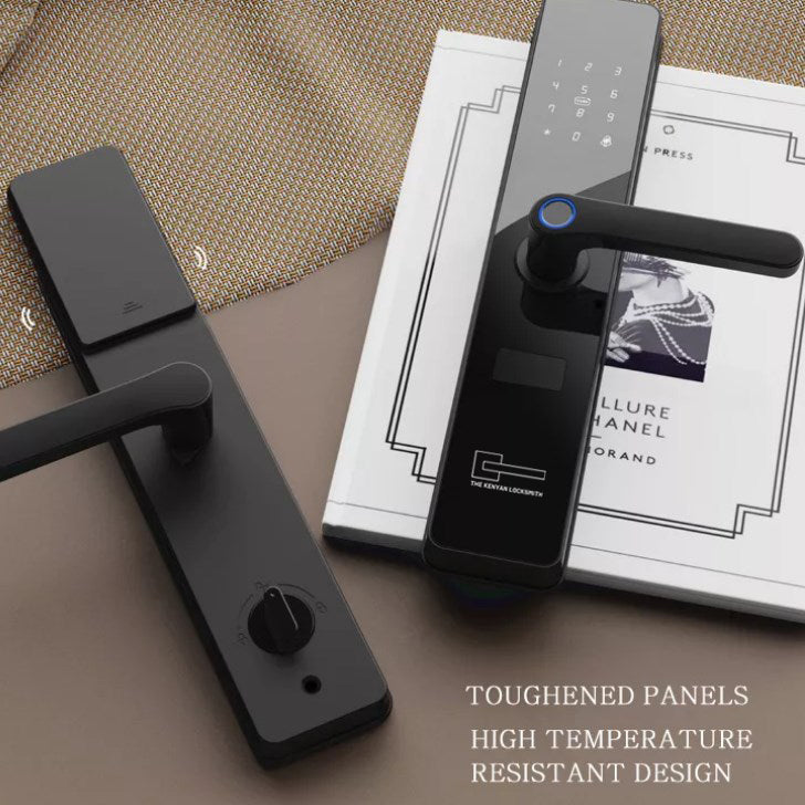 Black door handles on a textured surface with text about material properties.