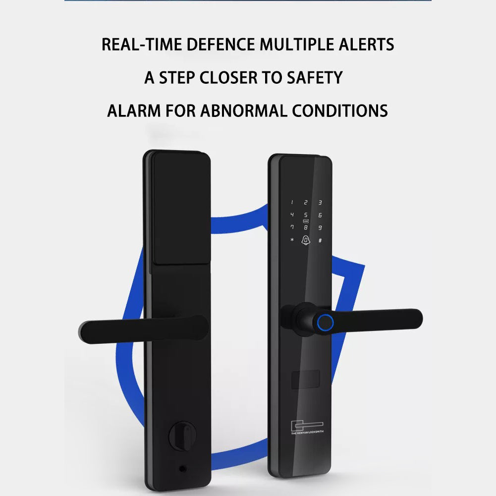 Black digital door locks with text about real-time defense and alerts on a white background