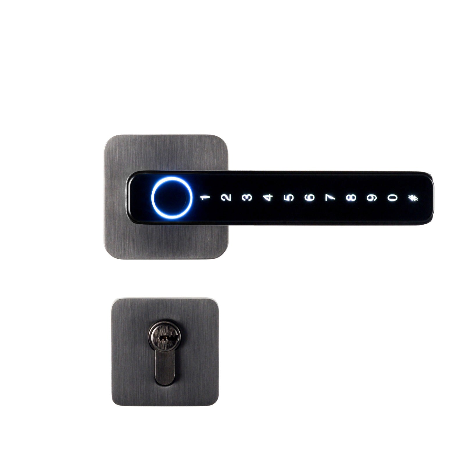 Digital door handle with electronic keypad on a white background