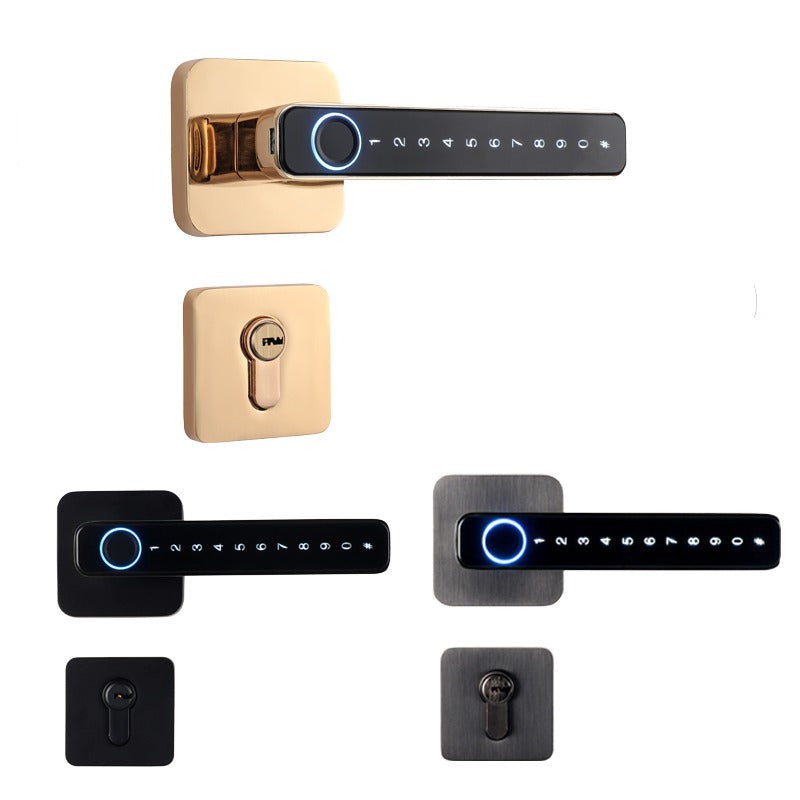Collection of smart door locks in gold, black, and silver on a white background