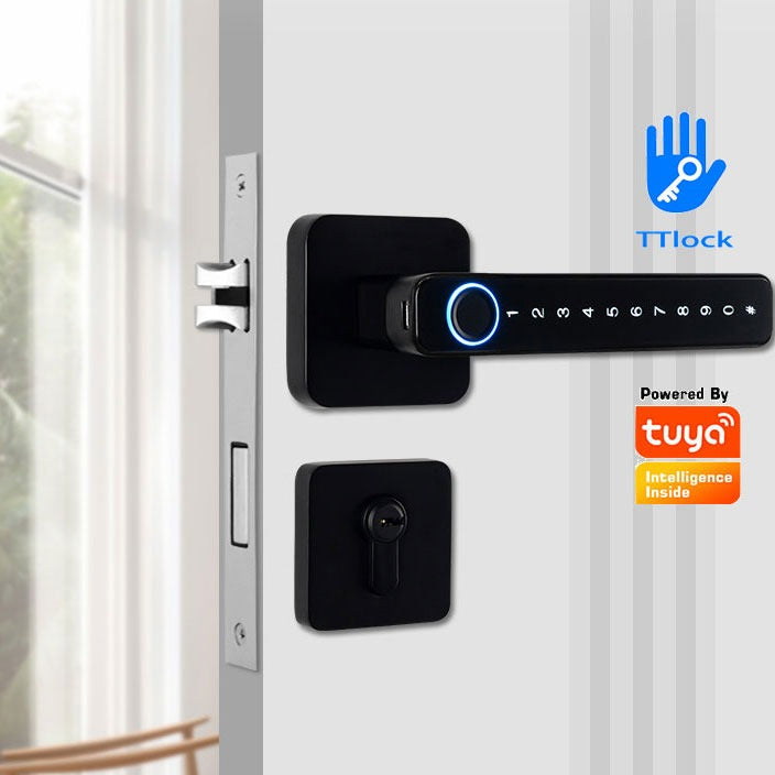 Smart door lock with Tuya branding on a white door