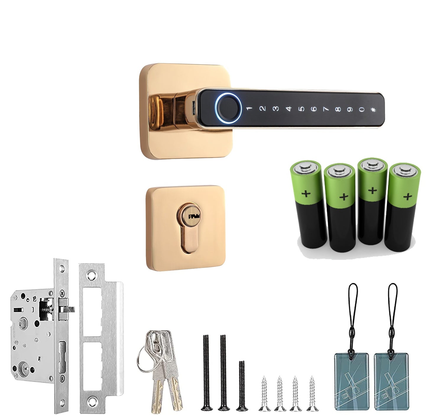 Gold electronic door lock set with batteries and tools on a white background