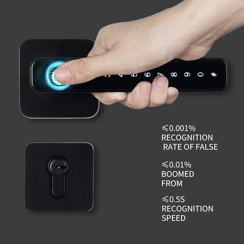 Hand pressing a fingerprint sensor on a black electronic device with technical specifications displayed.
