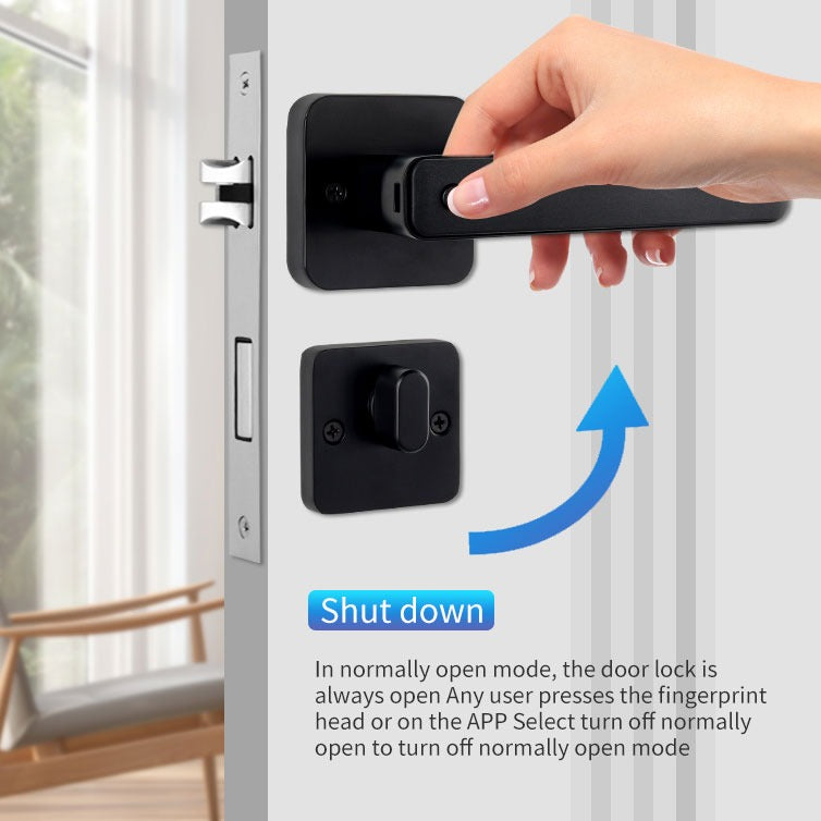 Hand using a black door lock handle on a white door with text explaining lock functionality.