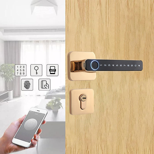 Smart door lock on a wooden door with a hand holding a smartphone.