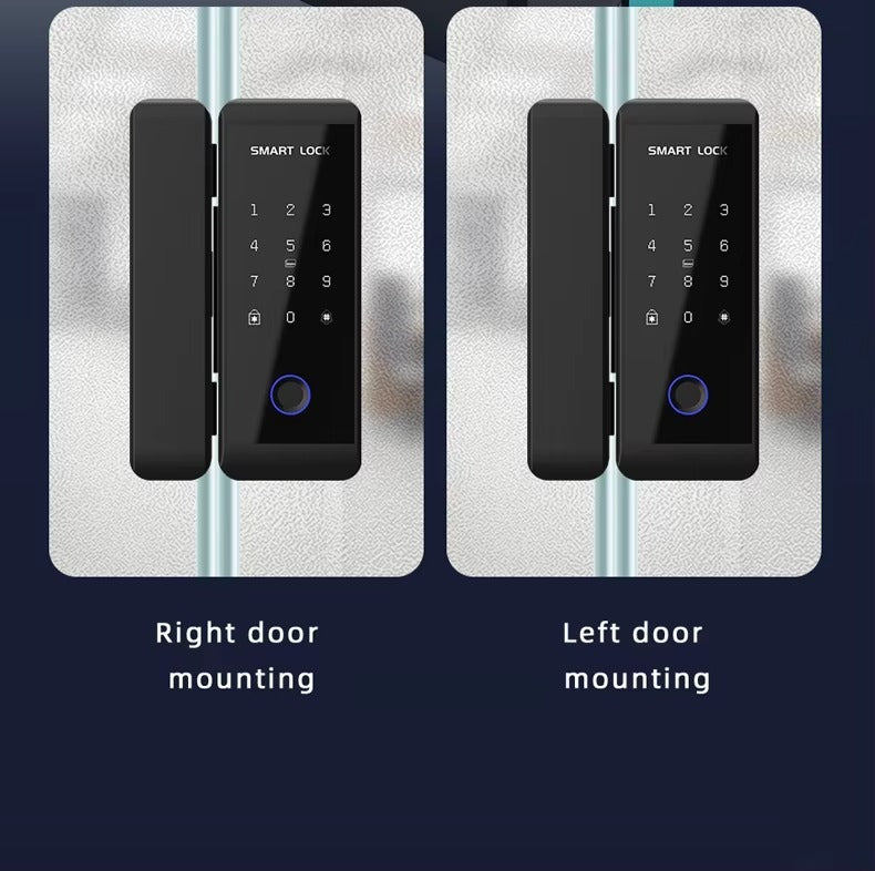 Two smart door locks with different mounting orientations on a metallic background.