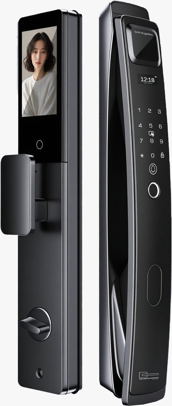 Smart door lock with digital display and fingerprint reader on a white background