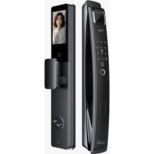 Black digital door lock with face recognition feature on a white background