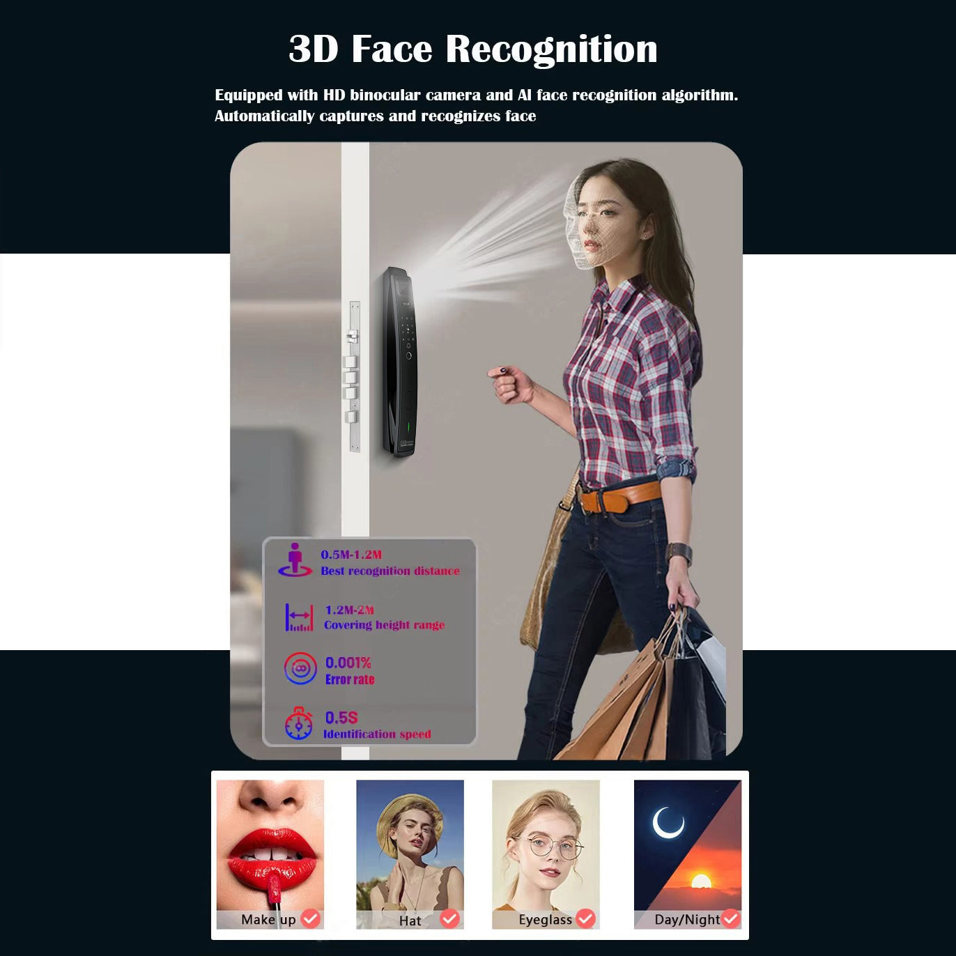 3D Face Recognition system with a woman using it, showing features and applications.