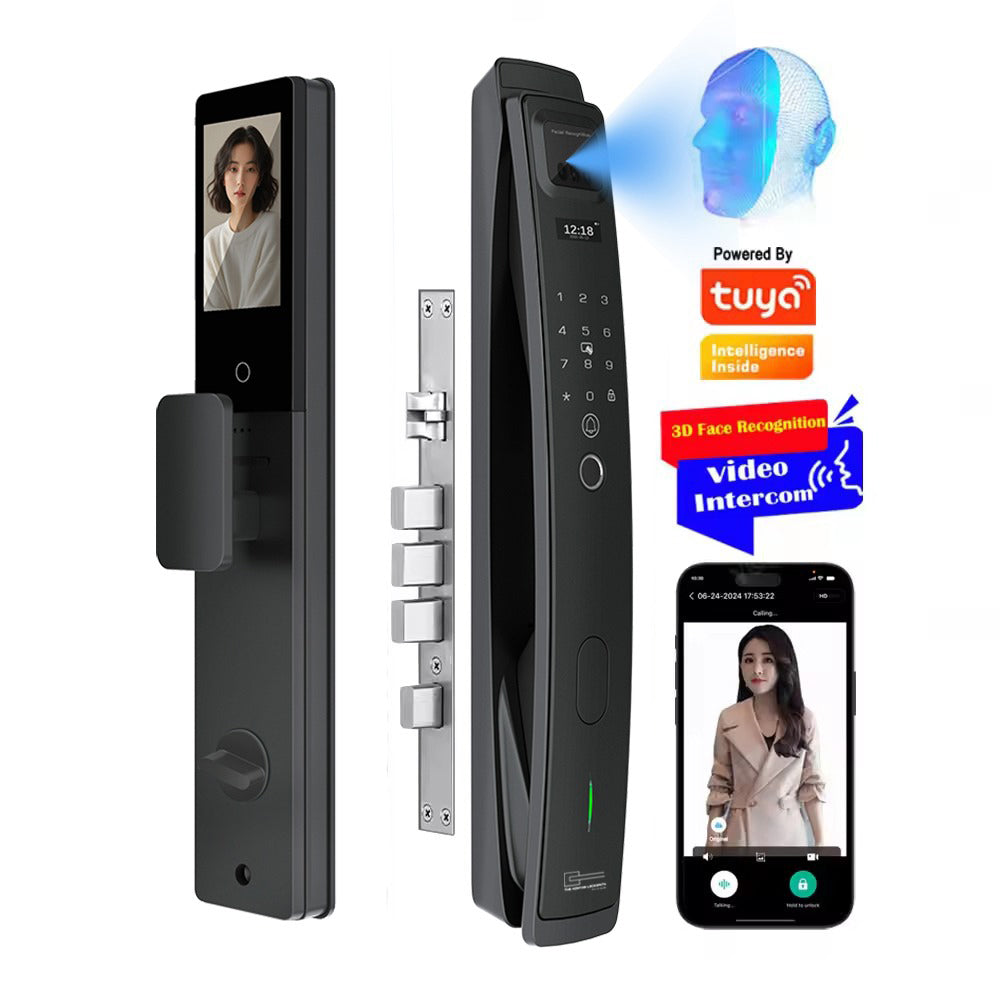Smart door lock with face recognition and video intercom features, branded with Tuya.