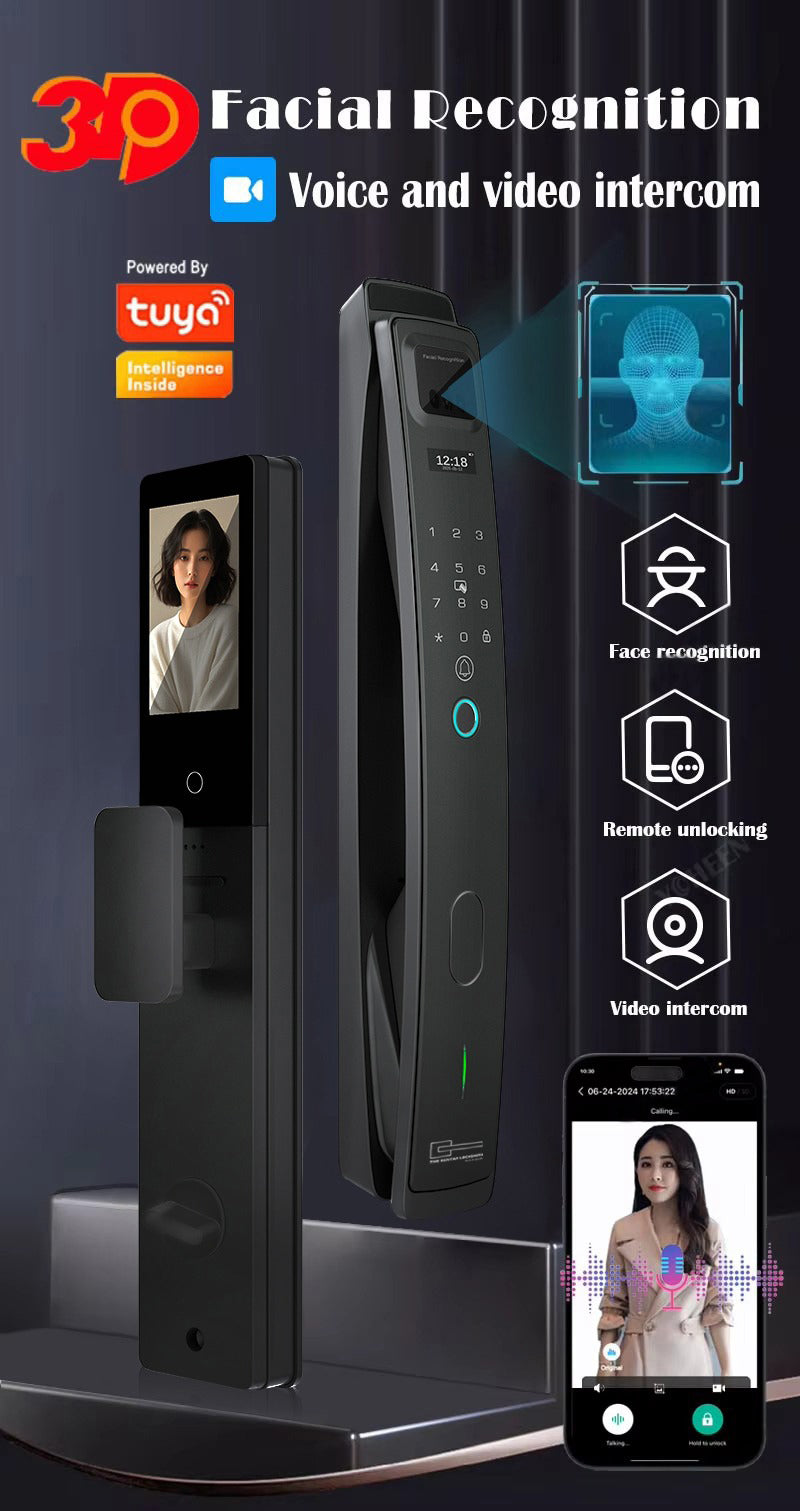 Smart doorbell with facial recognition, voice, and video intercom features on a dark background.