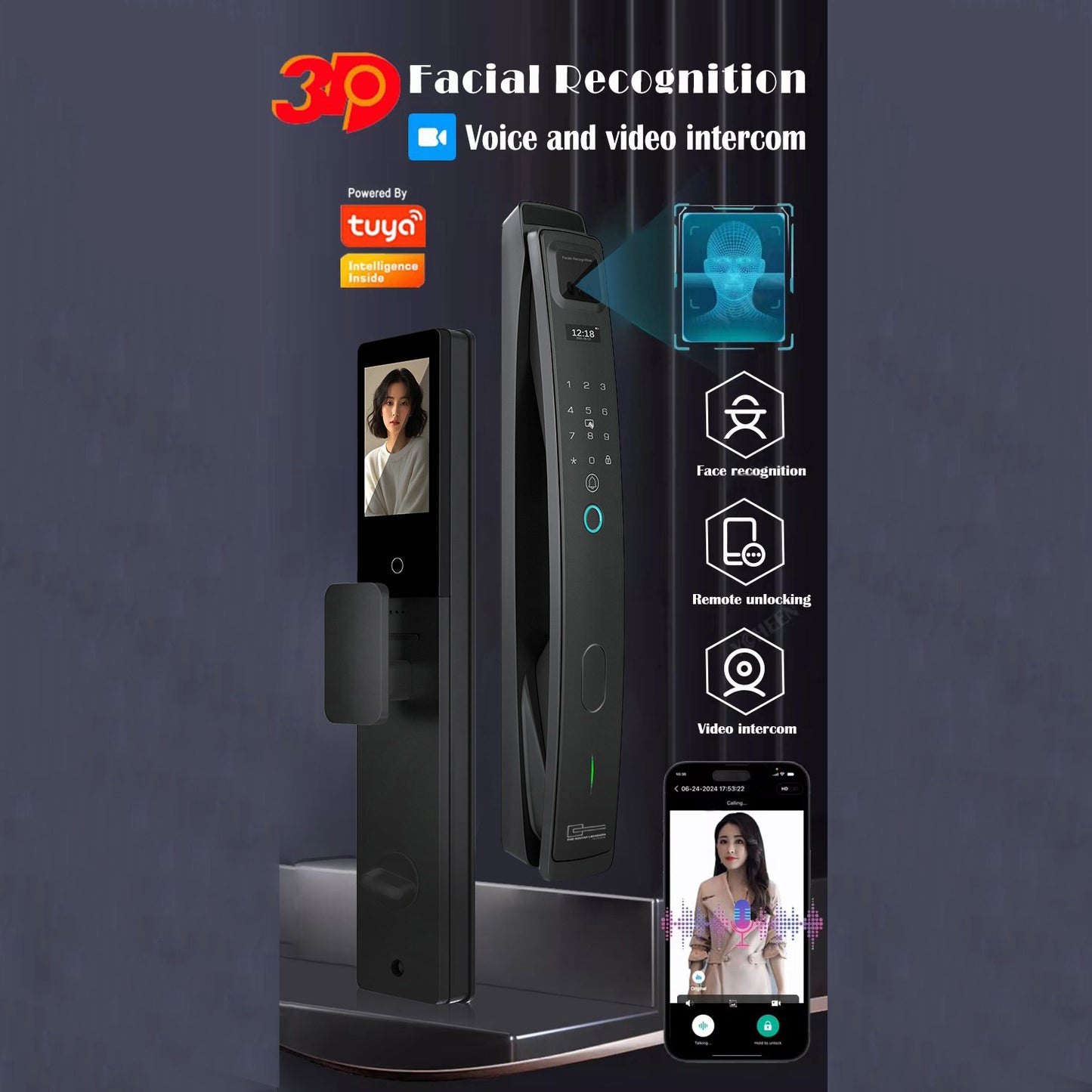 Smart doorbell with facial recognition and video intercom features on a dark background