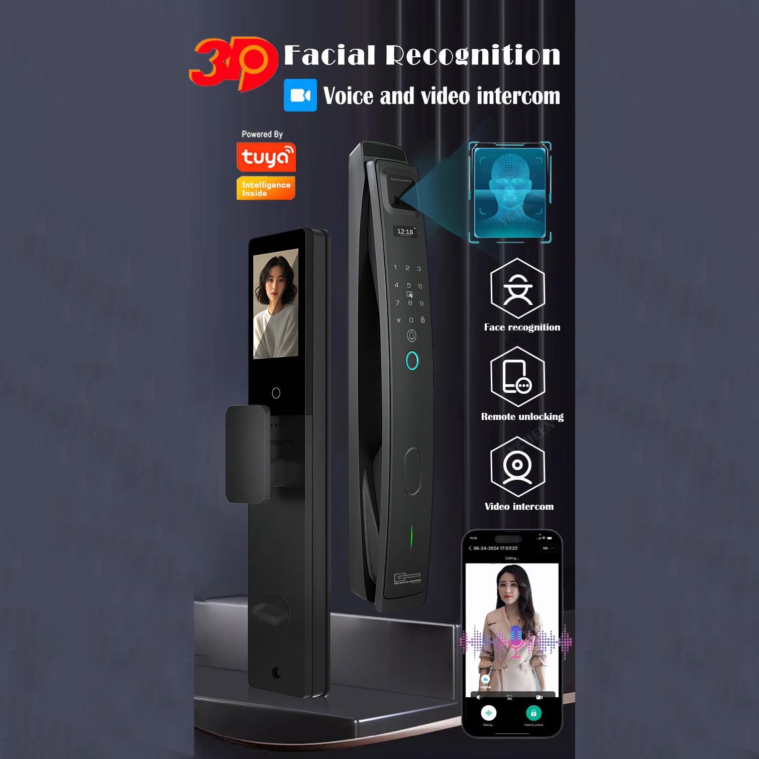 Smart doorbell with facial recognition and video intercom features on a dark background