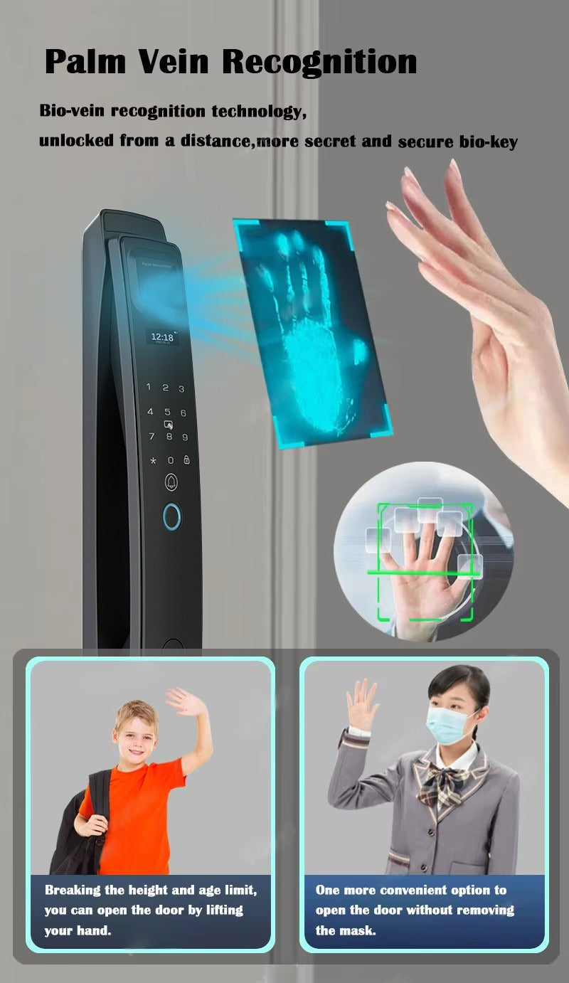Palm vein recognition technology for door unlocking with a person's hand and digital display.