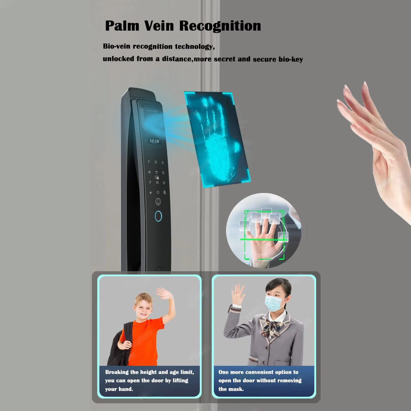 Palm vein recognition technology for door unlocking with a digital lock and hand gestures.