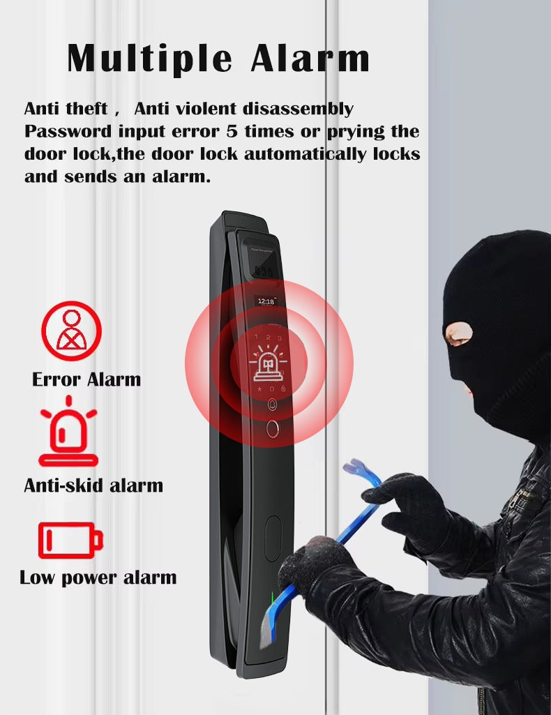 Digital door lock with security features and a burglar attempting to break into a building.