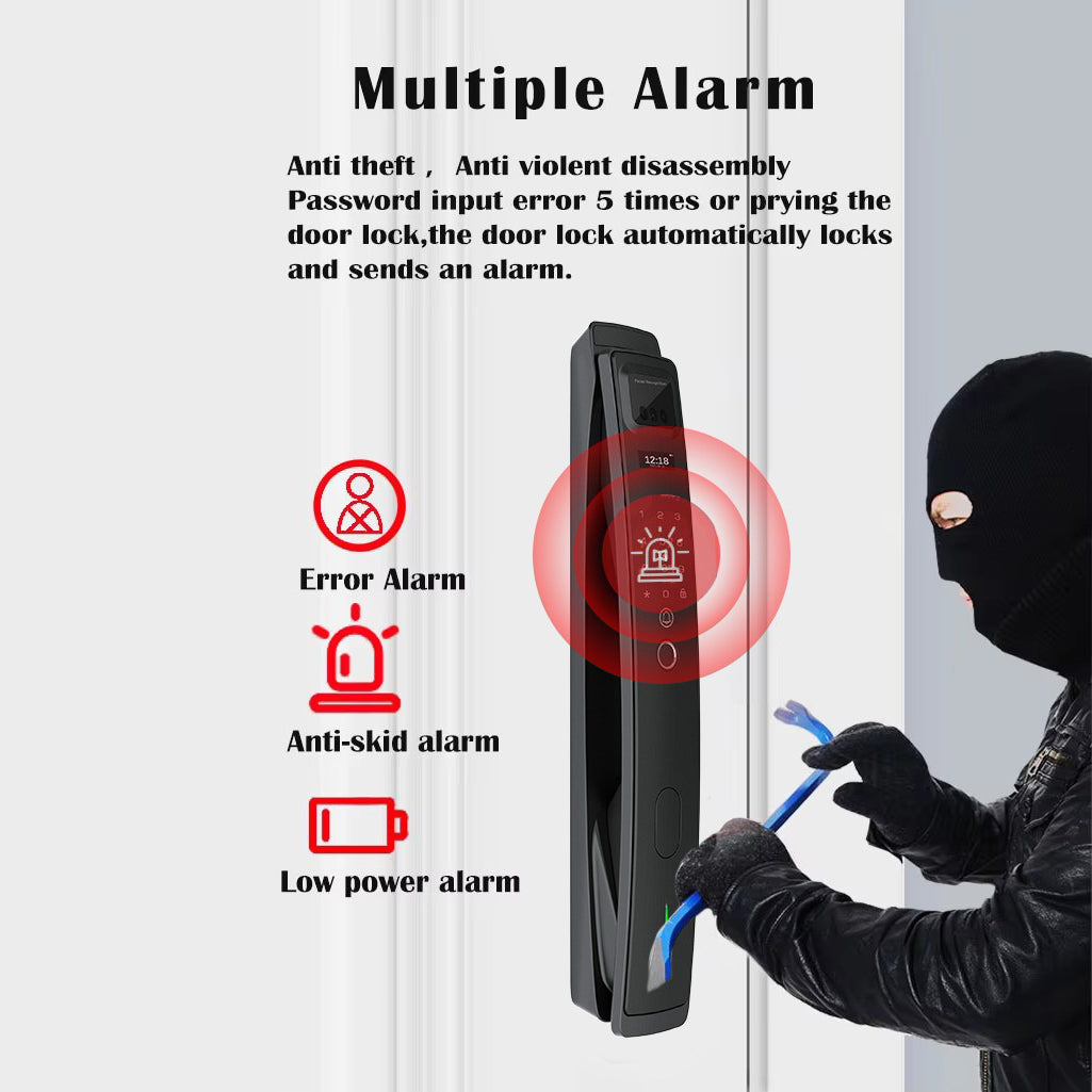 Digital door lock with anti-theft and anti-violent disassembly features, shown with a burglar attempting to break into a building.